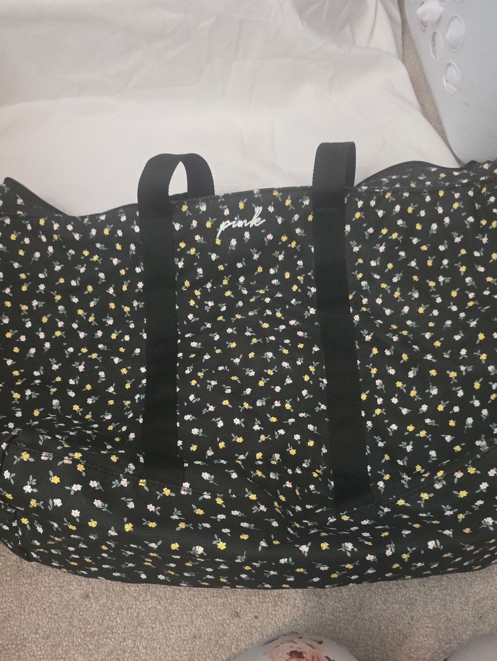 PINK Victoria's Secret Black Floral Daisy Print Tote
